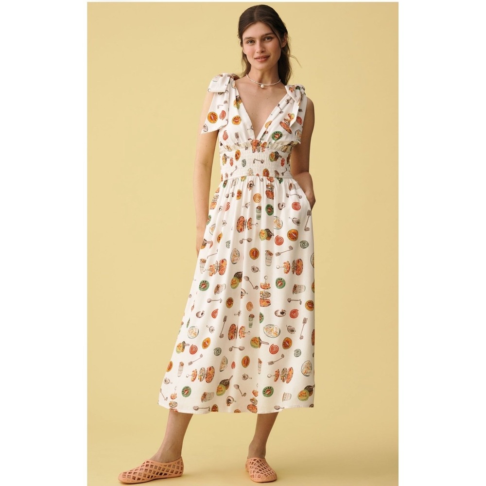 Anthropologie x Lisa Says Gah Monroe Midi Dress Caviar Dreams White Linen NWT M